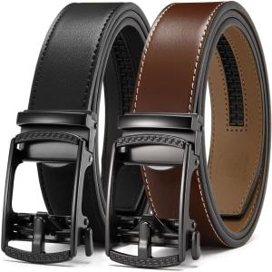 image:imageCHAOREN Mens Belt Leather Ratchet Belt 2 Pack  Customizable Fit Effortless Style 35mmHollow All BlackGun Brown